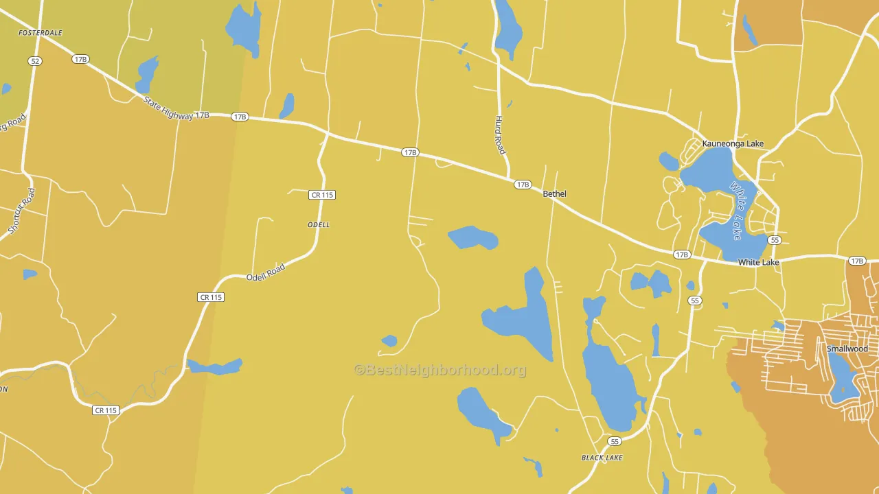 Map of the best neighborhoods in the Bethel area, with better matches in green and worse matches in red