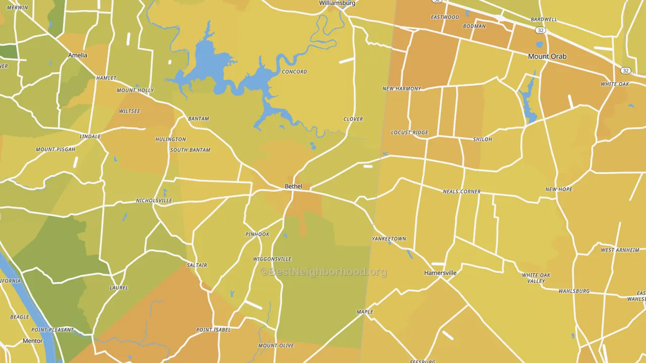 Map of the best neighborhoods in the Bethel area, with better matches in green and worse matches in red