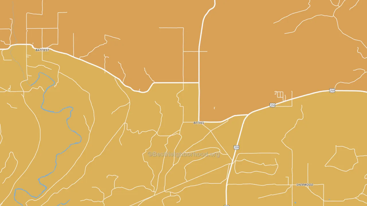 Map of the best neighborhoods in the Bethel area, with better matches in green and worse matches in red