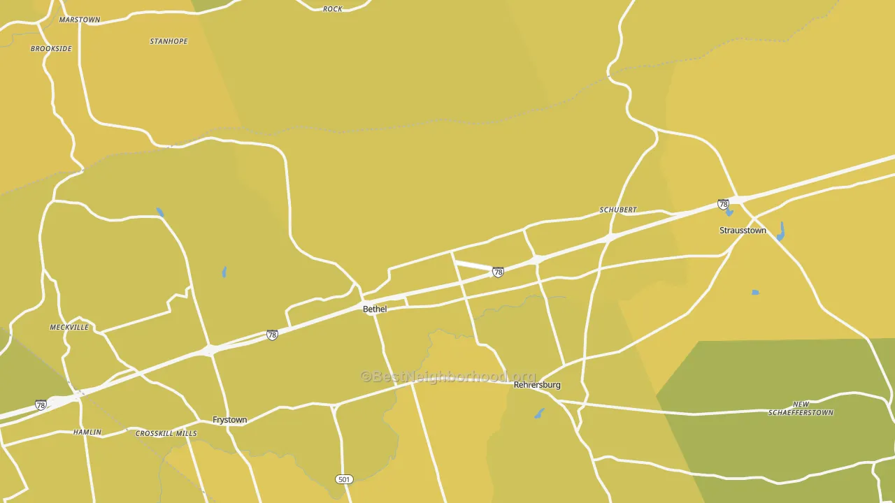 Map of the best neighborhoods in the Bethel area, with better matches in green and worse matches in red