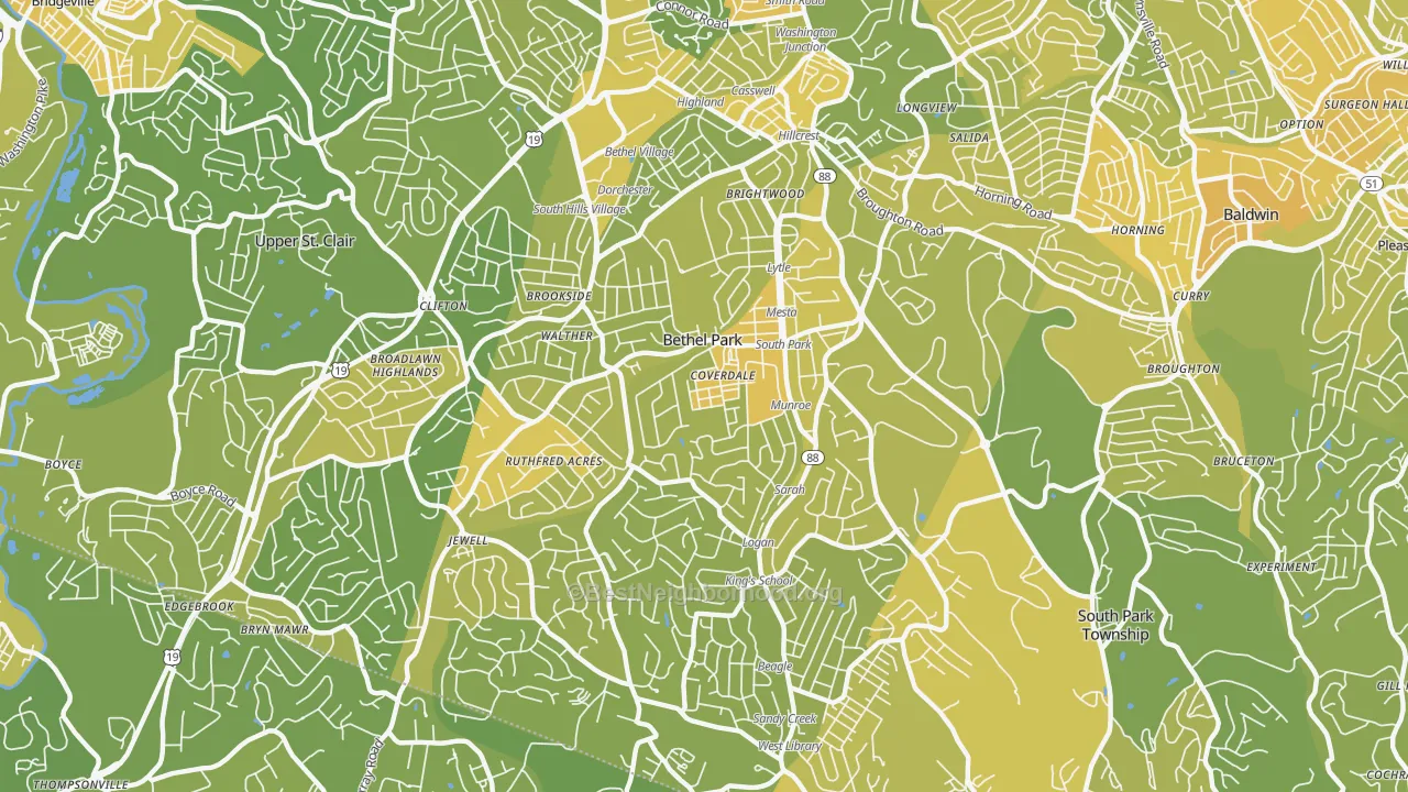 Map of the best neighborhoods in the Bethel Park area, with better matches in green and worse matches in red