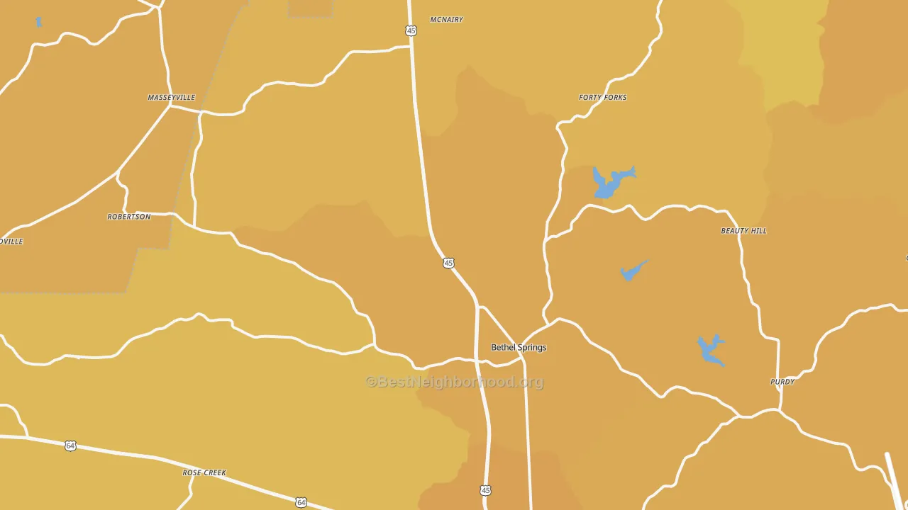Map of the best neighborhoods in the Bethel Springs area, with better matches in green and worse matches in red