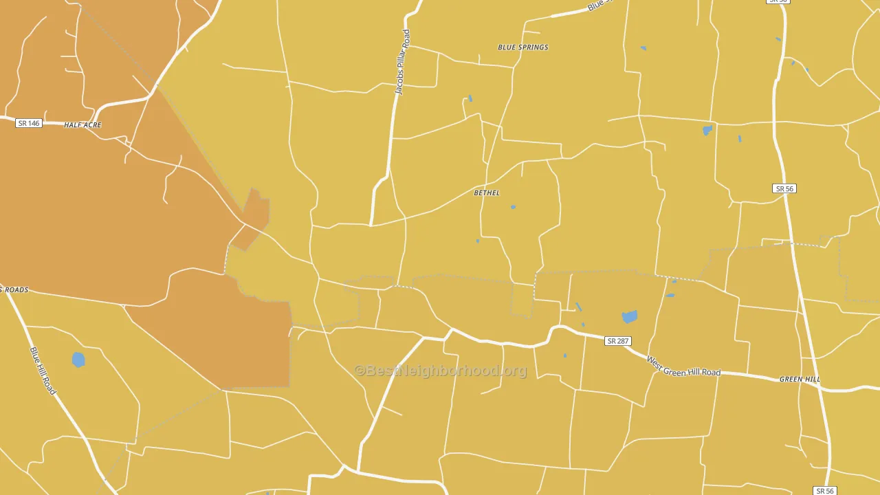 Map of the best neighborhoods in the Bethel area, with better matches in green and worse matches in red
