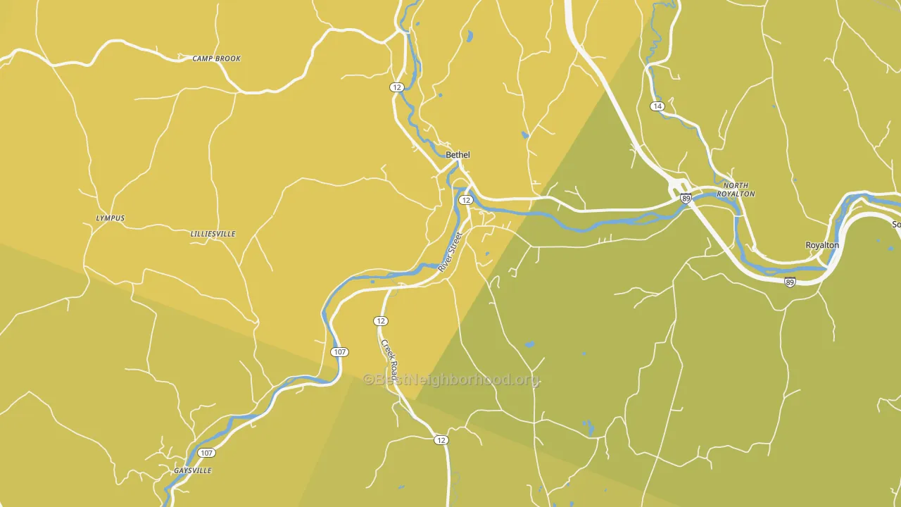Map of the best neighborhoods in the Bethel area, with better matches in green and worse matches in red