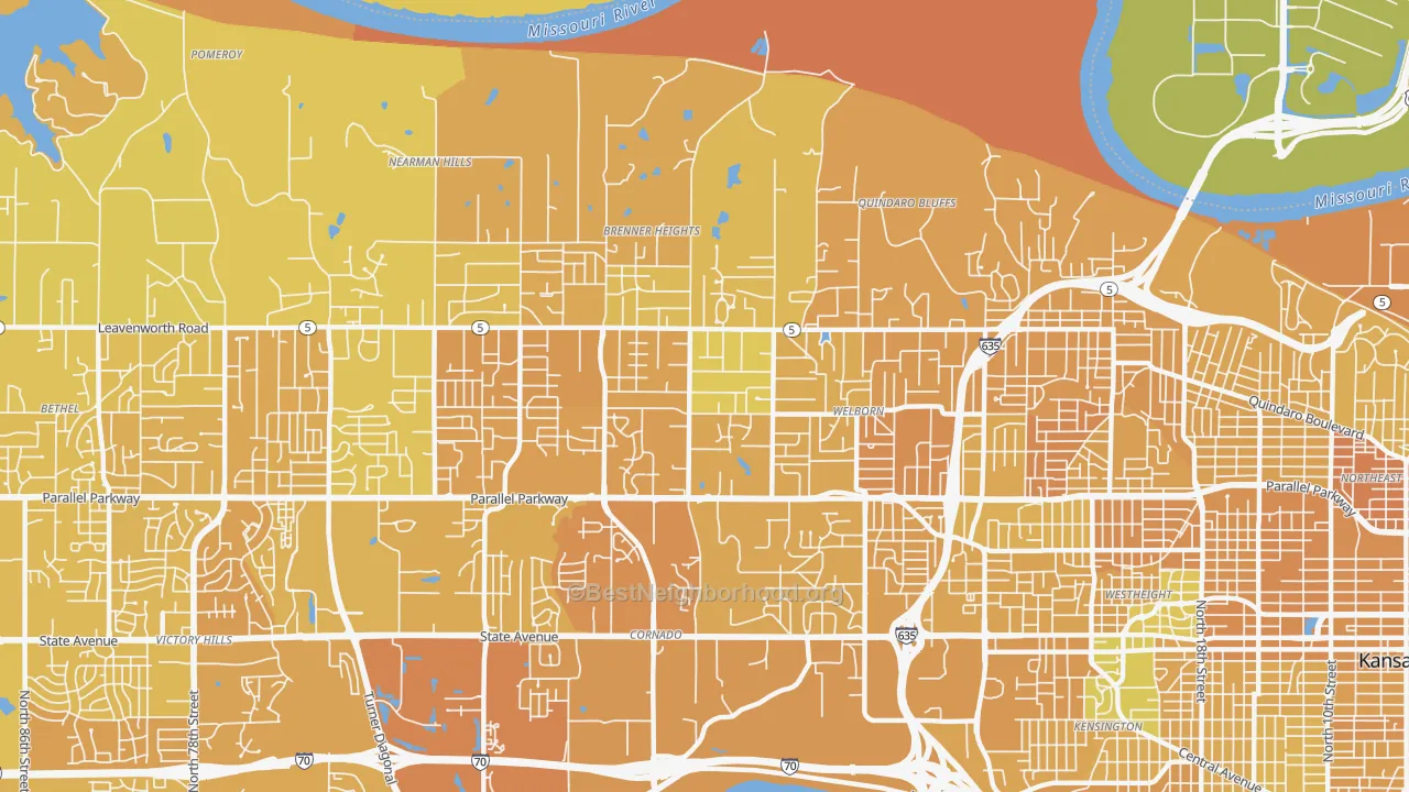 Map of the best neighborhoods in the Bethel Welborn, Kansas City area, with better matches in green and worse matches in red
