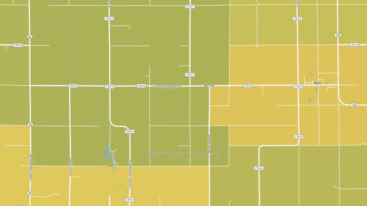 Map of the best neighborhoods in the Bethel area, with better matches in green and worse matches in red