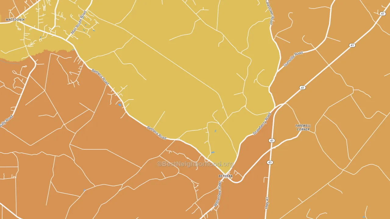 Map of the best neighborhoods in the Bethera area, with better matches in green and worse matches in red