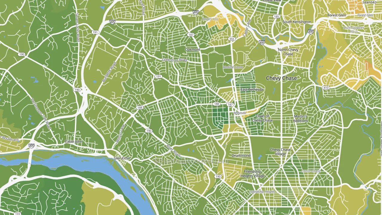 Map of the best neighborhoods in the Bethesda area, with better matches in green and worse matches in red