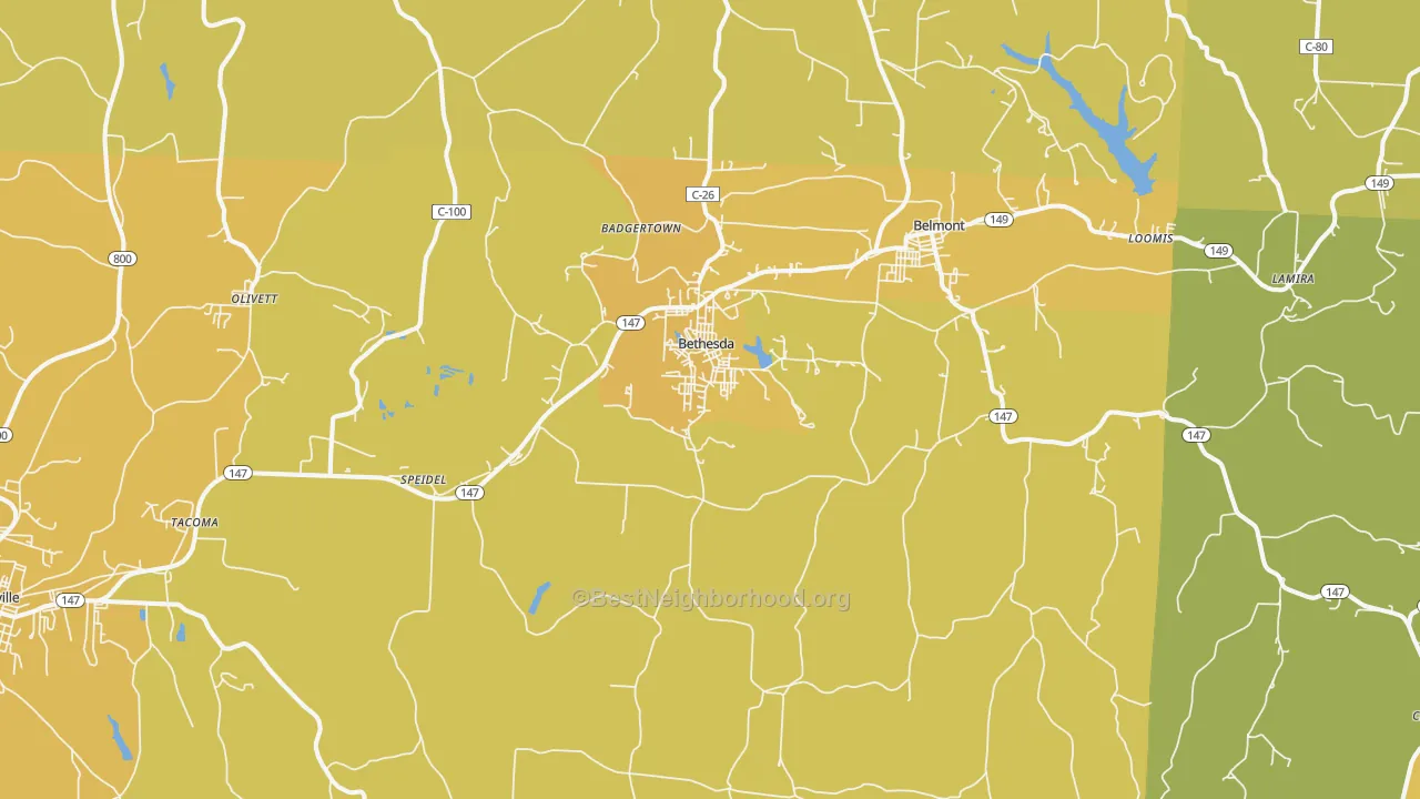Map of the best neighborhoods in the Bethesda area, with better matches in green and worse matches in red