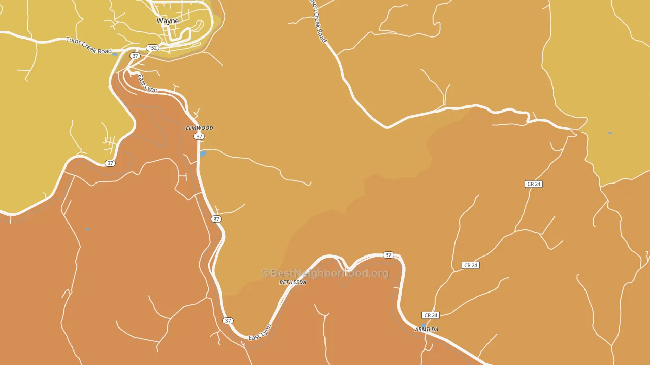 Map of the best neighborhoods in the Bethesda area, with better matches in green and worse matches in red