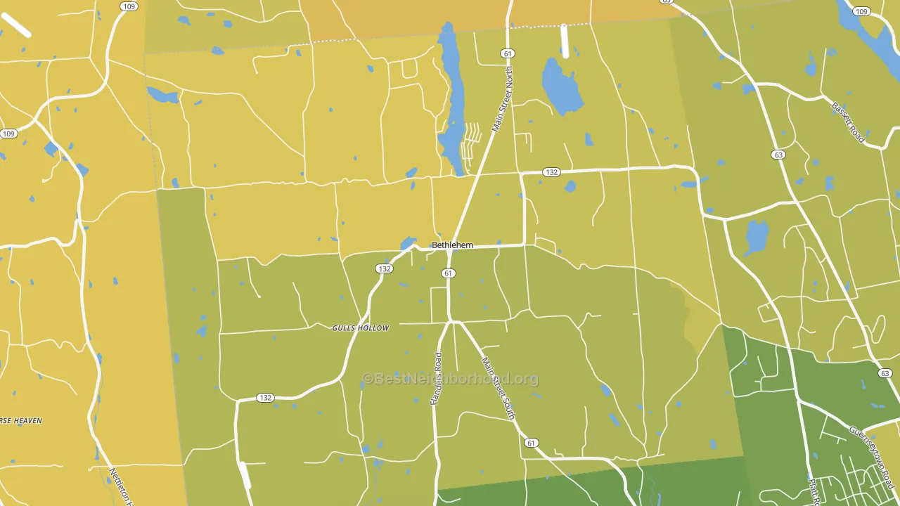 Map of the best neighborhoods in the Bethlehem area, with better matches in green and worse matches in red