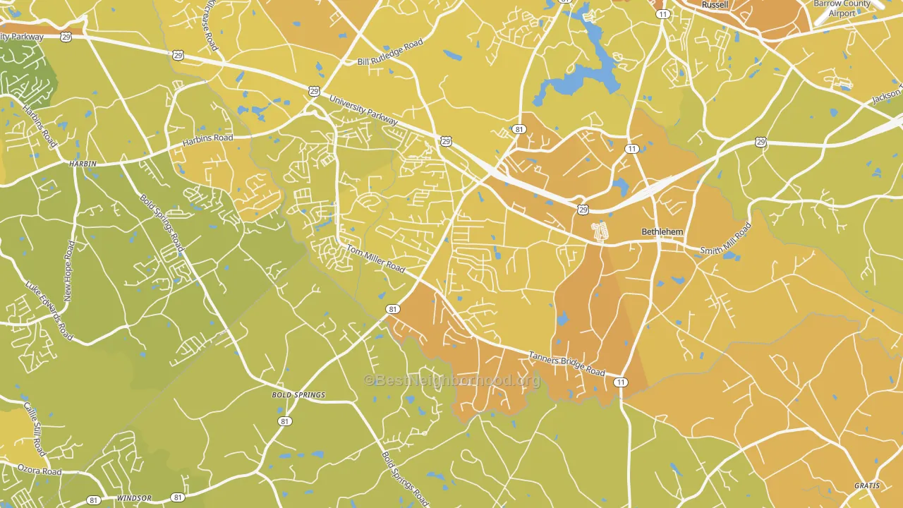 Map of the best neighborhoods in the Bethlehem area, with better matches in green and worse matches in red