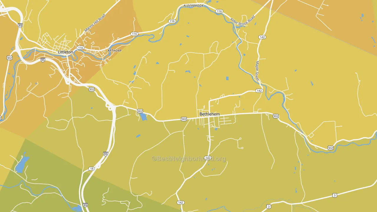 Map of the best neighborhoods in the Bethlehem area, with better matches in green and worse matches in red