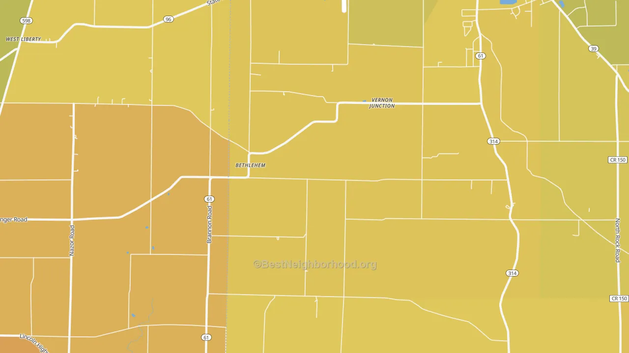 Map of the best neighborhoods in the Bethlehem area, with better matches in green and worse matches in red