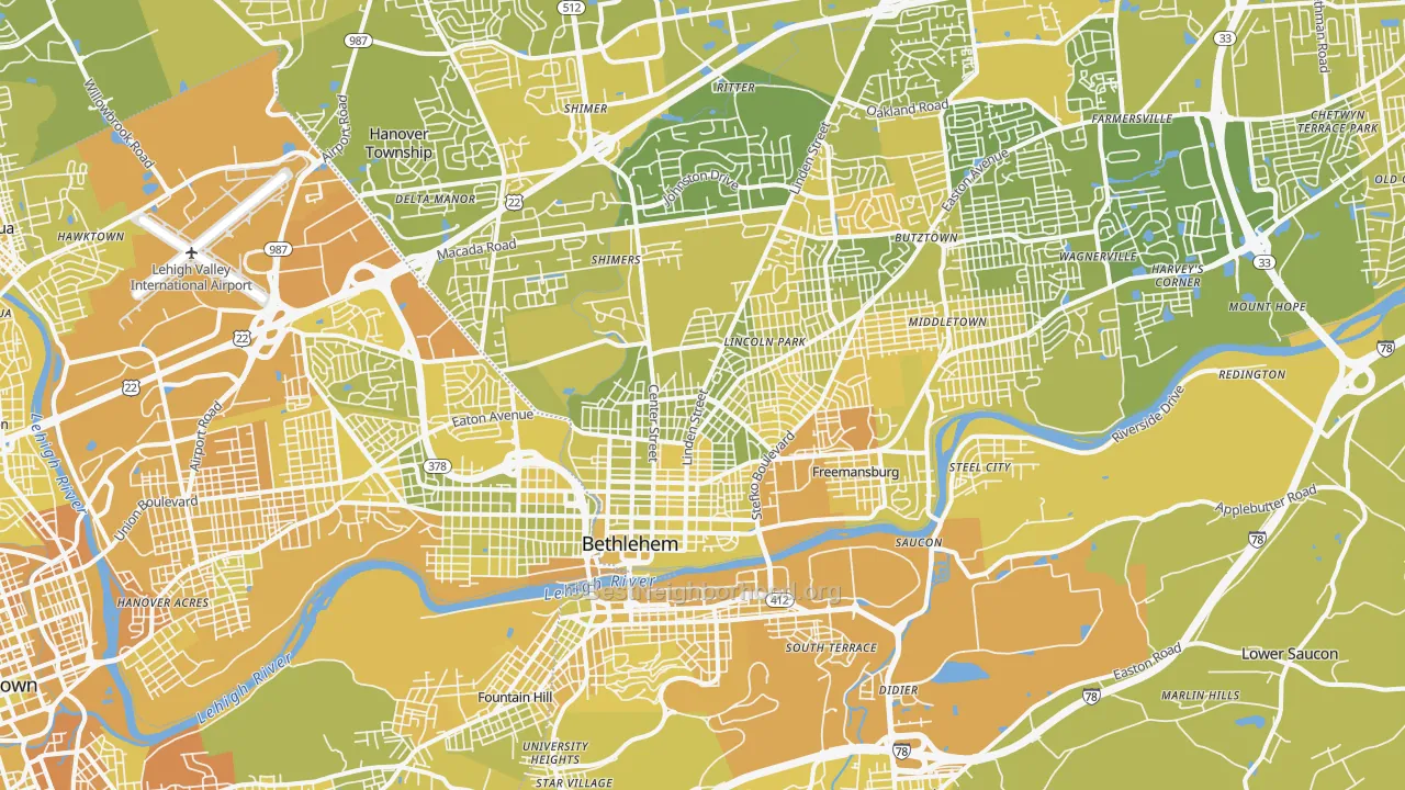 Map of the best neighborhoods in the Bethlehem area, with better matches in green and worse matches in red