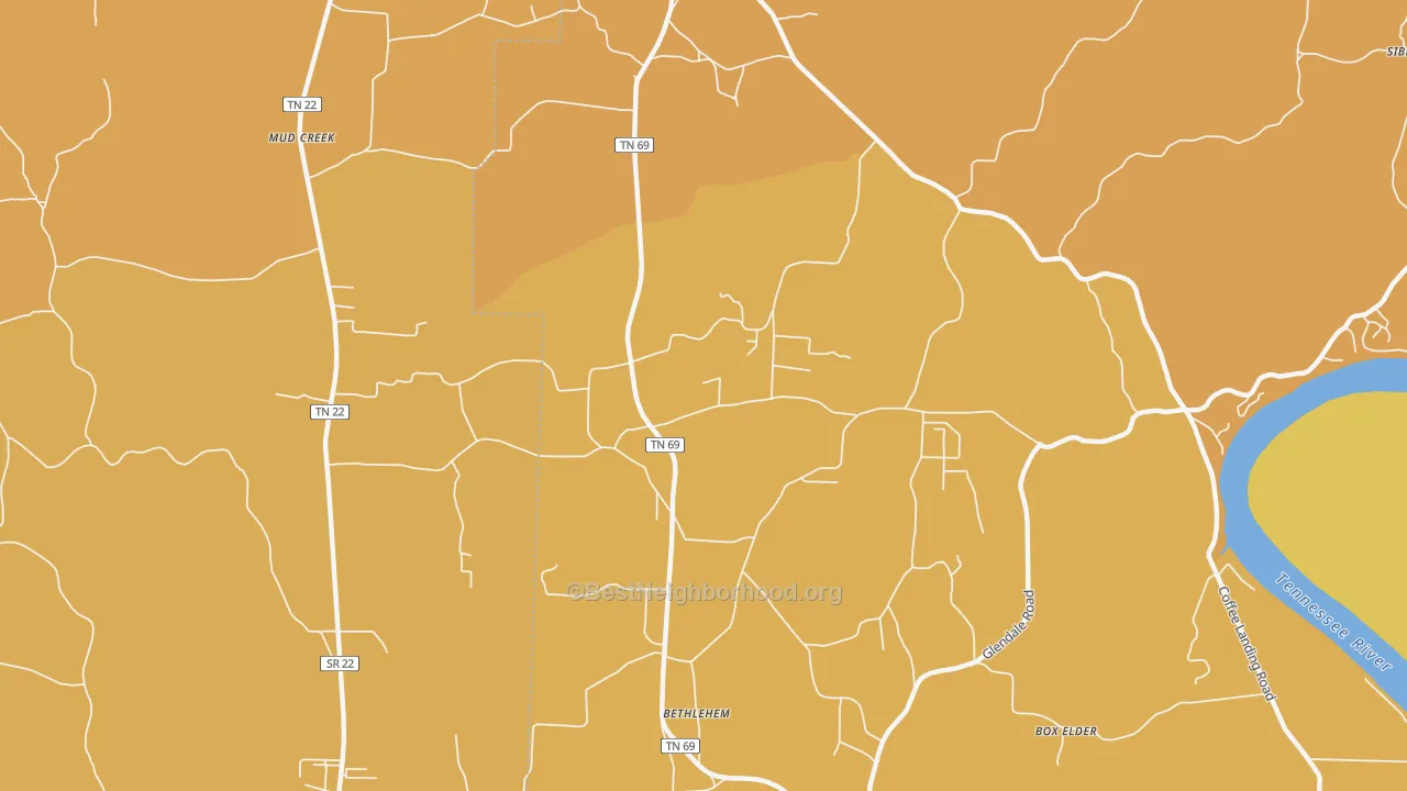 Map of the best neighborhoods in the Bethlehem area, with better matches in green and worse matches in red