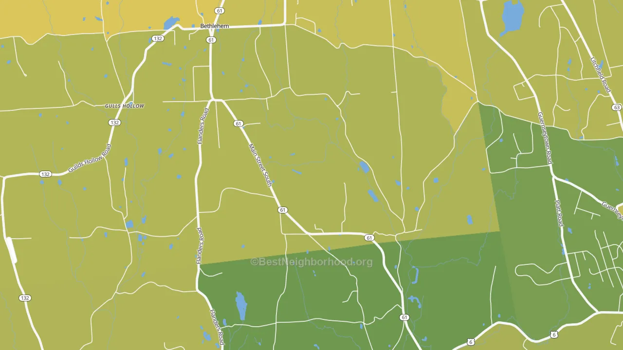 Map of the best neighborhoods in the Bethlehem Village area, with better matches in green and worse matches in red
