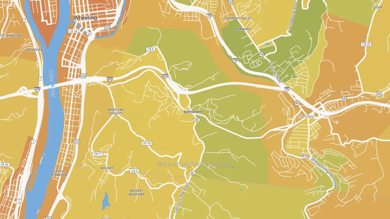 Map of the best neighborhoods in the Bethlehem area, with better matches in green and worse matches in red