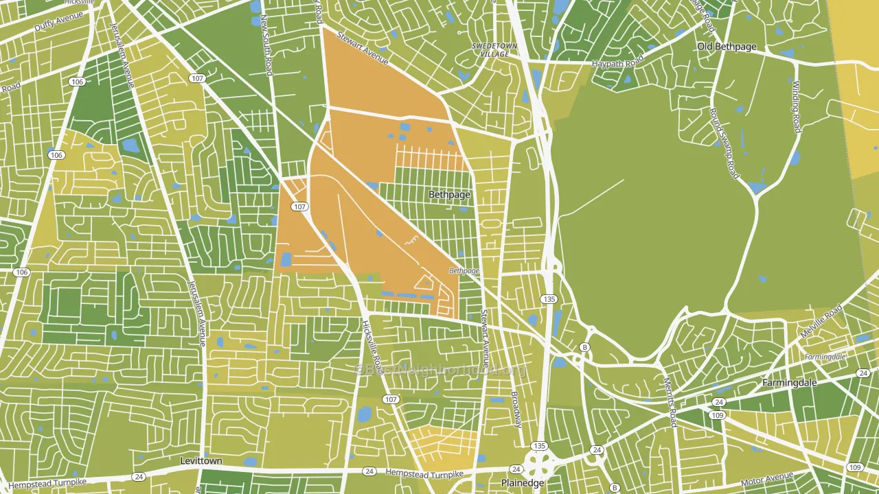 Map of the best neighborhoods in the Bethpage area, with better matches in green and worse matches in red