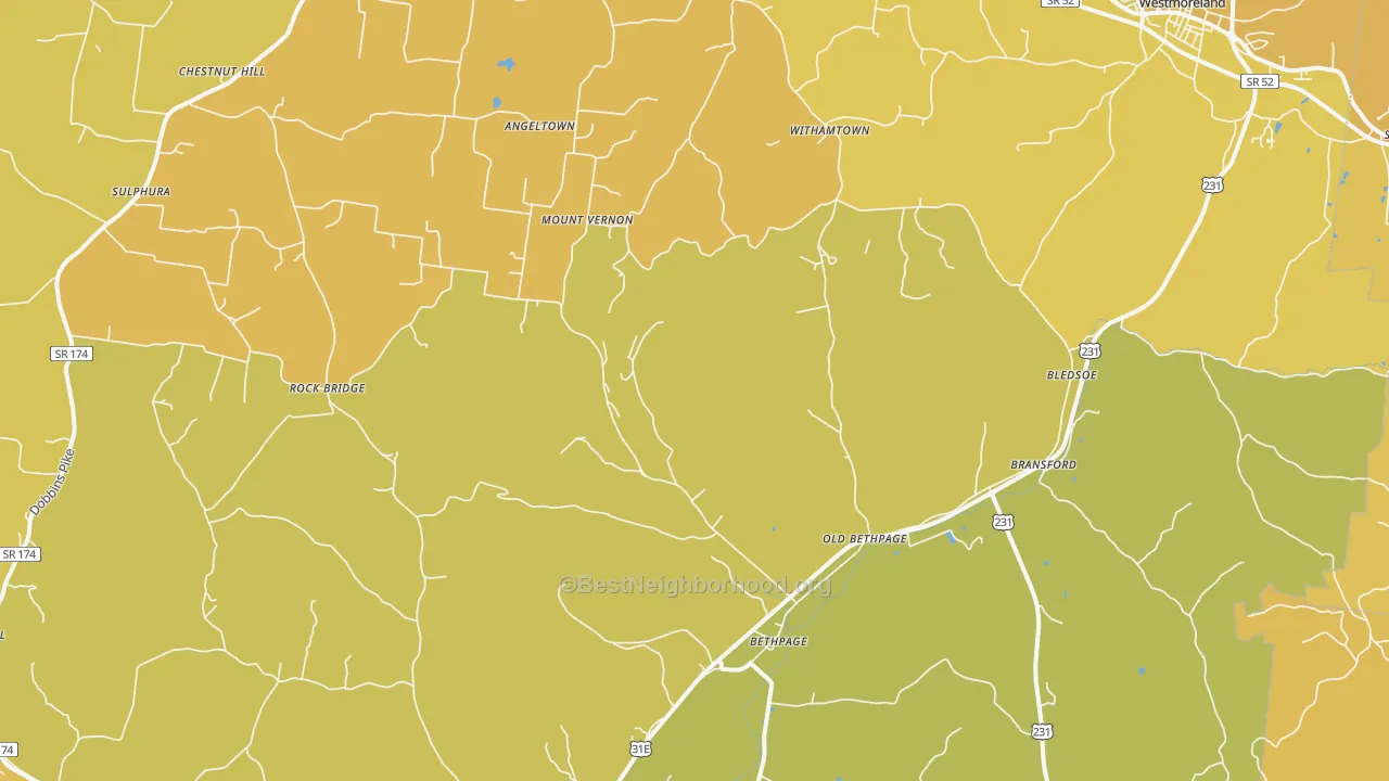 Map of the best neighborhoods in the Bethpage area, with better matches in green and worse matches in red
