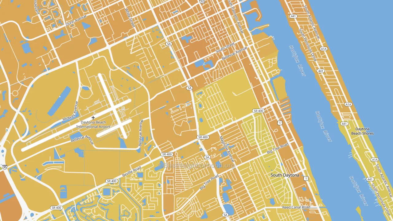 Map of the best neighborhoods in the Bethune Grant, Daytona Beach area, with better matches in green and worse matches in red