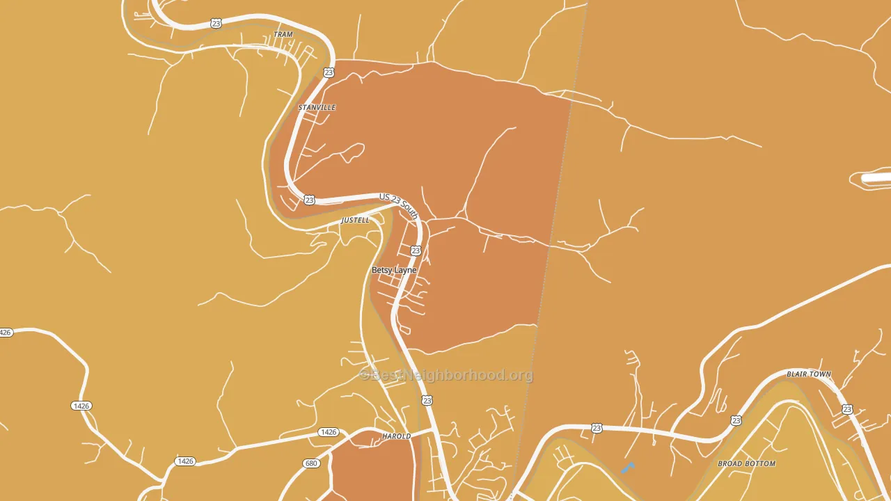 Map of the best neighborhoods in the Betsy Layne area, with better matches in green and worse matches in red