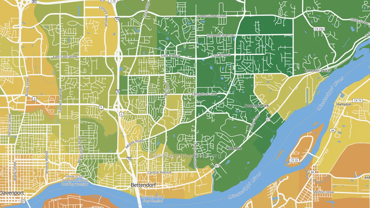 Map of the best neighborhoods in the Bettendorf area, with better matches in green and worse matches in red