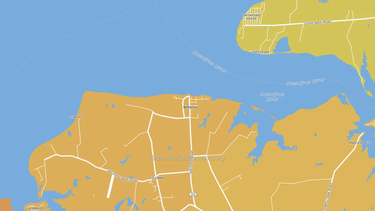 Map of the best neighborhoods in the Betterton area, with better matches in green and worse matches in red