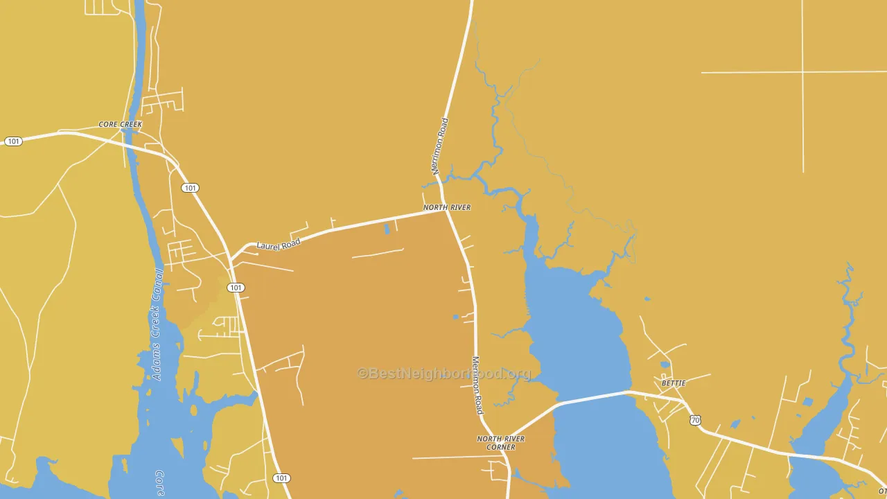 Map of the best neighborhoods in the Bettie area, with better matches in green and worse matches in red