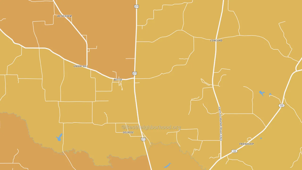 Map of the best neighborhoods in the Bettie area, with better matches in green and worse matches in red