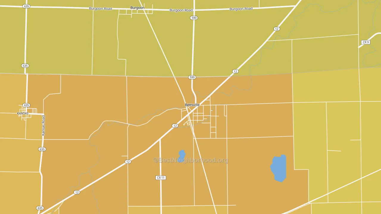 Map of the best neighborhoods in the Bettsville area, with better matches in green and worse matches in red
