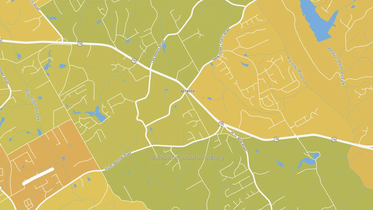 Map of the best neighborhoods in the Between area, with better matches in green and worse matches in red