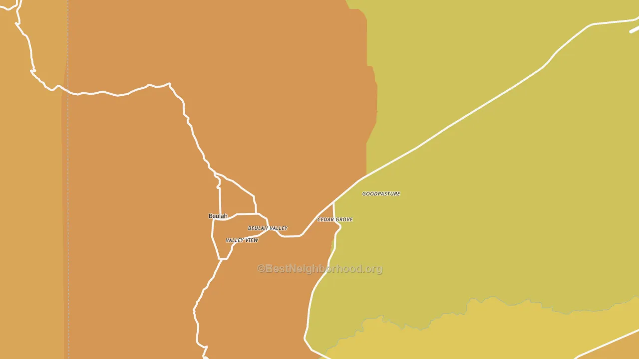 Map of the best neighborhoods in the Beulah area, with better matches in green and worse matches in red