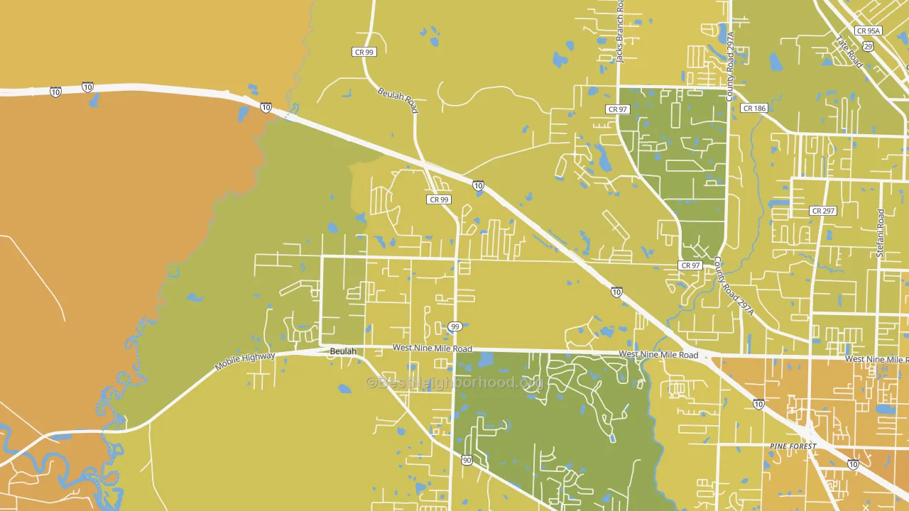Map of the best neighborhoods in the Beulah area, with better matches in green and worse matches in red