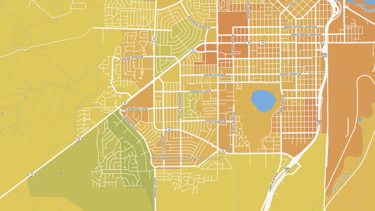 Map of the best neighborhoods in the Beulah Heights, Pueblo area, with better matches in green and worse matches in red
