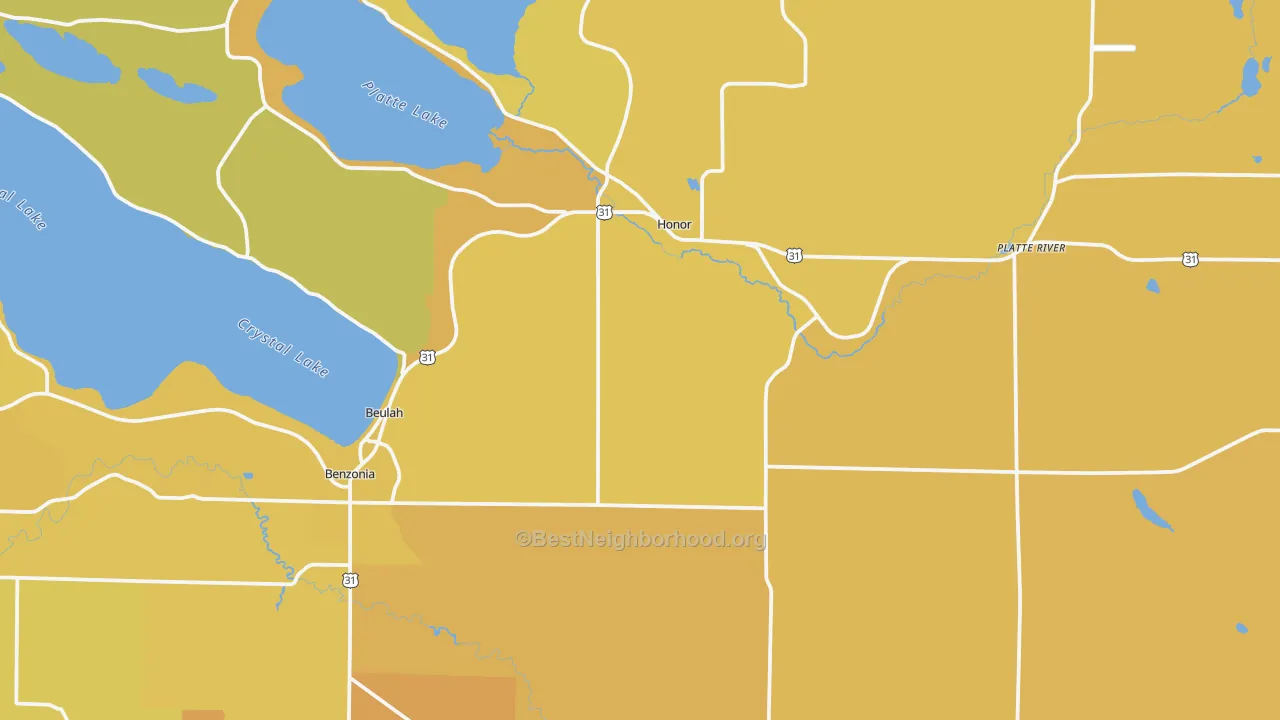 Map of the best neighborhoods in the Beulah area, with better matches in green and worse matches in red