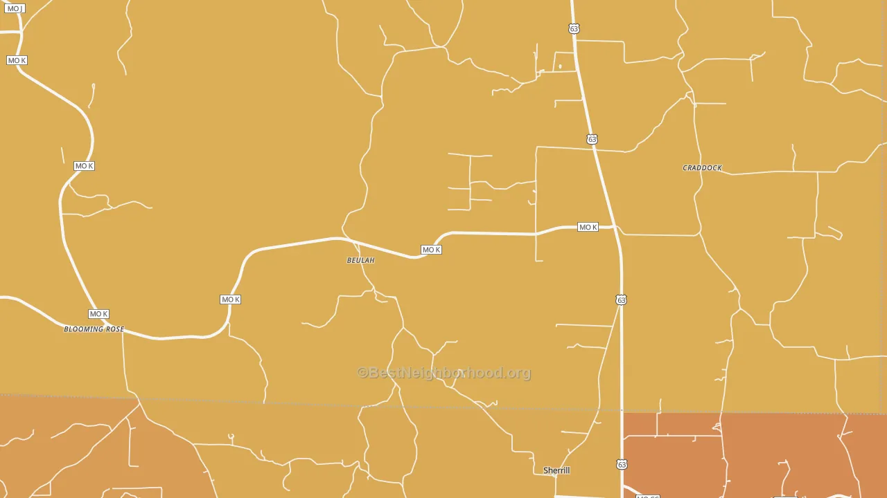 Map of the best neighborhoods in the Beulah area, with better matches in green and worse matches in red
