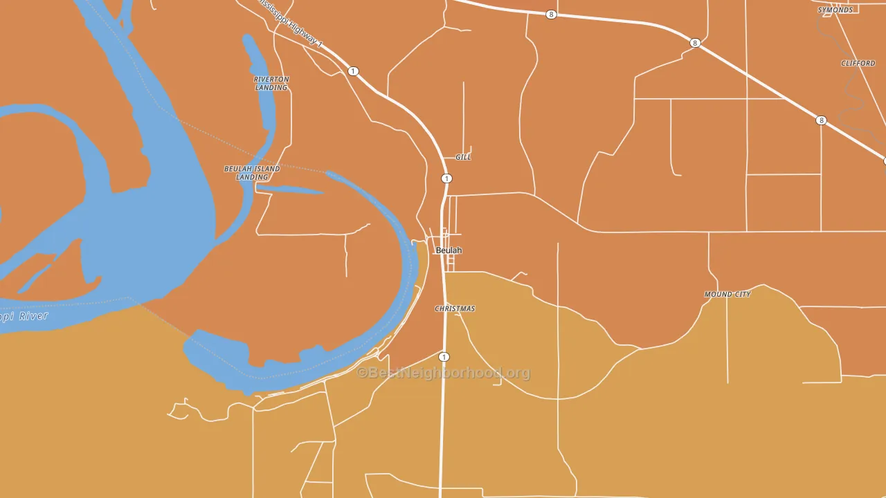 Map of the best neighborhoods in the Beulah area, with better matches in green and worse matches in red