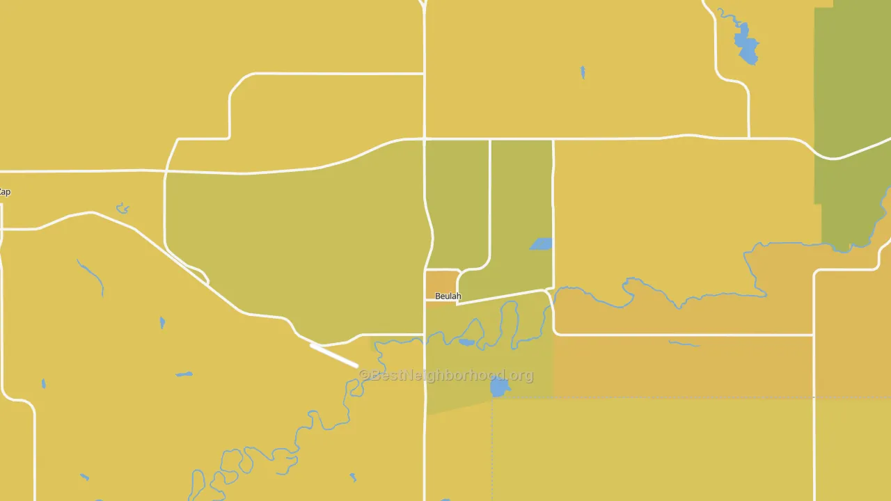 Map of the best neighborhoods in the Beulah area, with better matches in green and worse matches in red