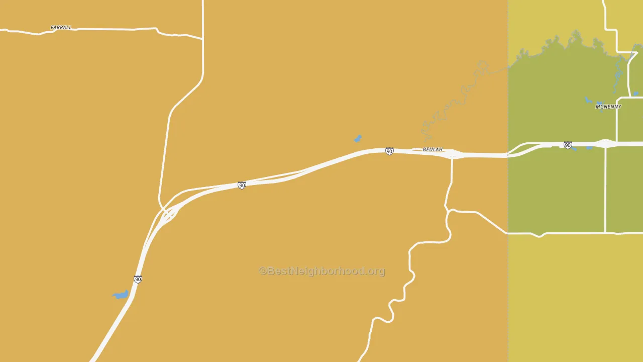 Map of the best neighborhoods in the Beulah area, with better matches in green and worse matches in red