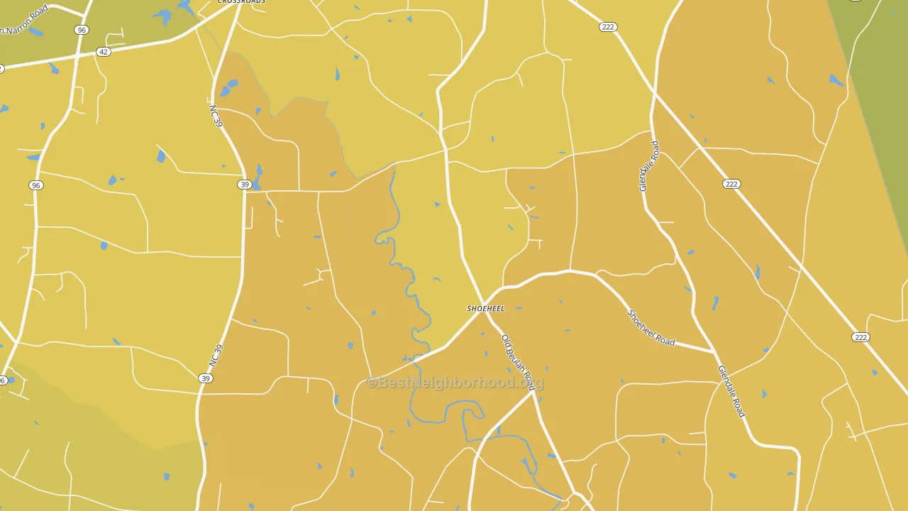 Map of the best neighborhoods in the Beulahtown area, with better matches in green and worse matches in red