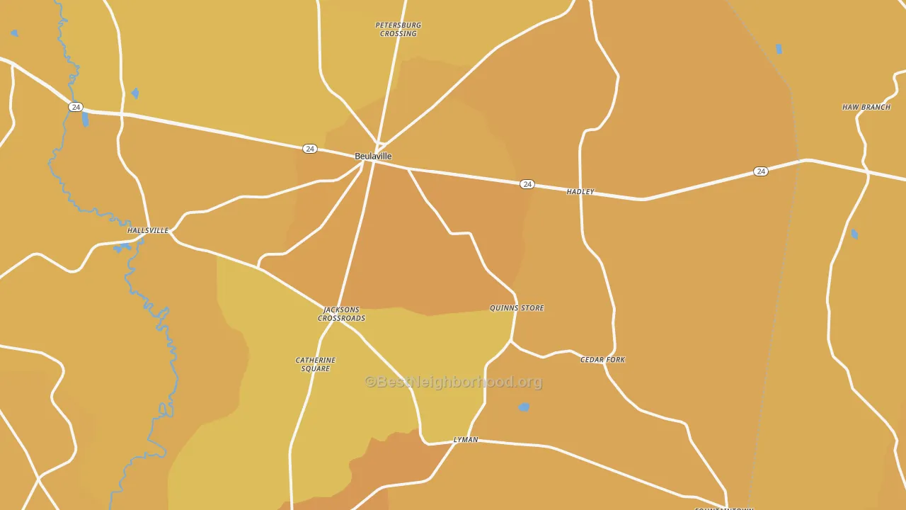 Map of the best neighborhoods in the Beulaville area, with better matches in green and worse matches in red