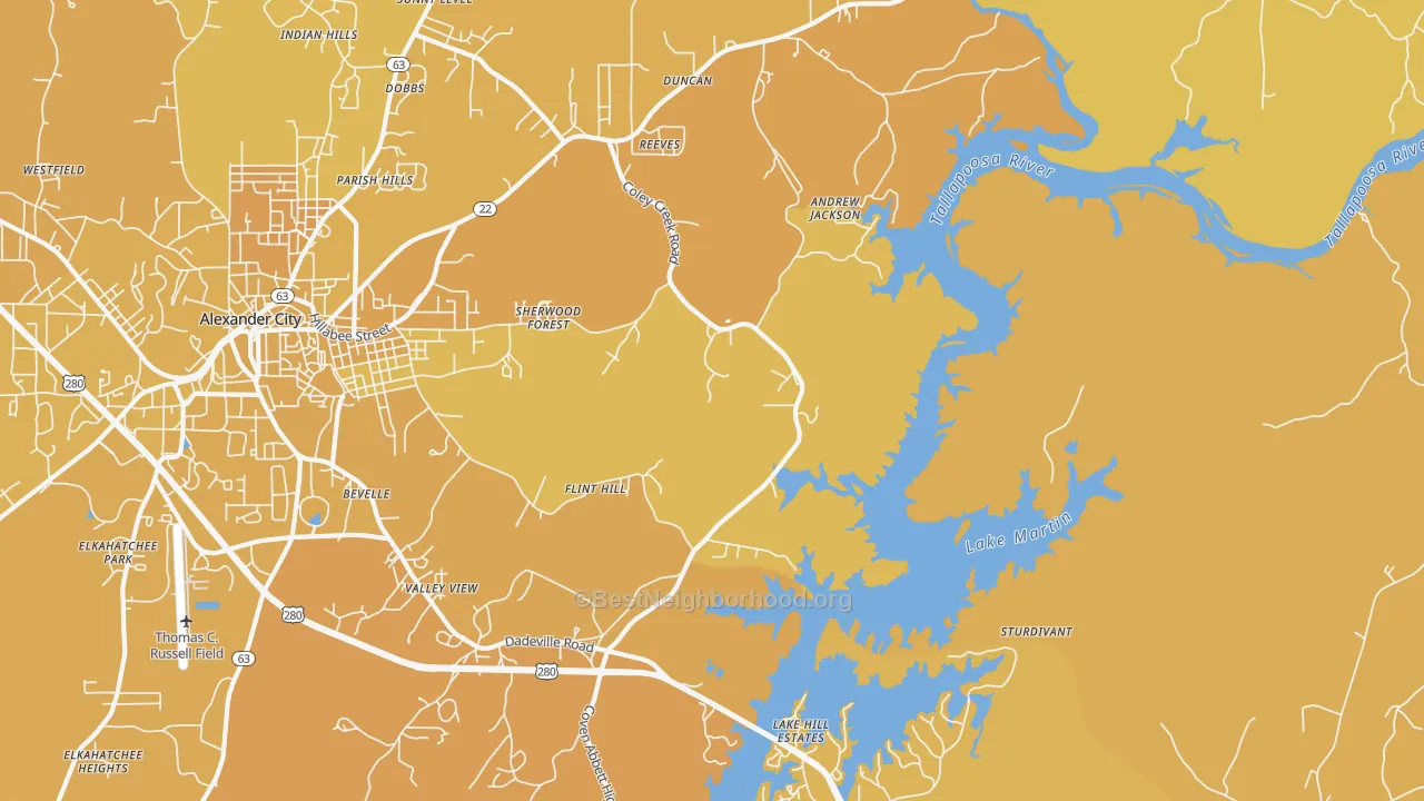 Map of the best neighborhoods in the Bevelle area, with better matches in green and worse matches in red