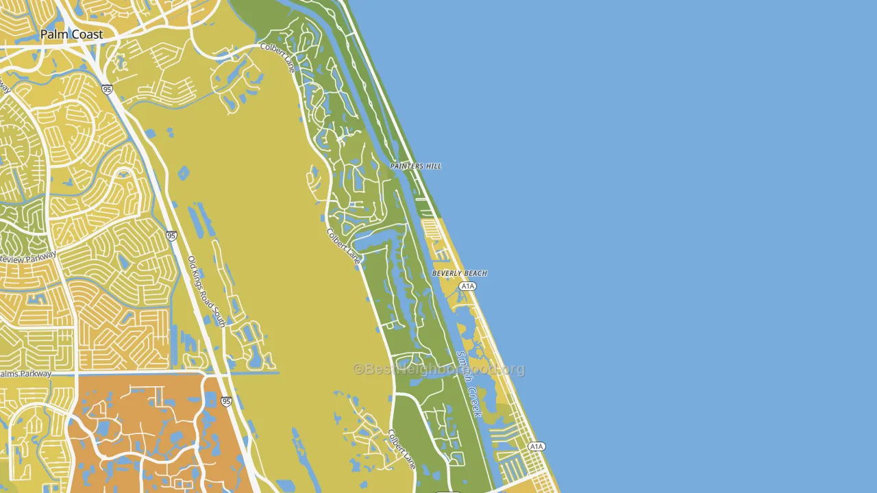 Map of the best neighborhoods in the Beverly Beach area, with better matches in green and worse matches in red