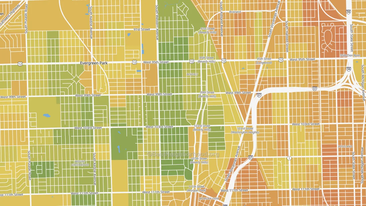 Map of the best neighborhoods in the Beverly, Chicago area, with better matches in green and worse matches in red