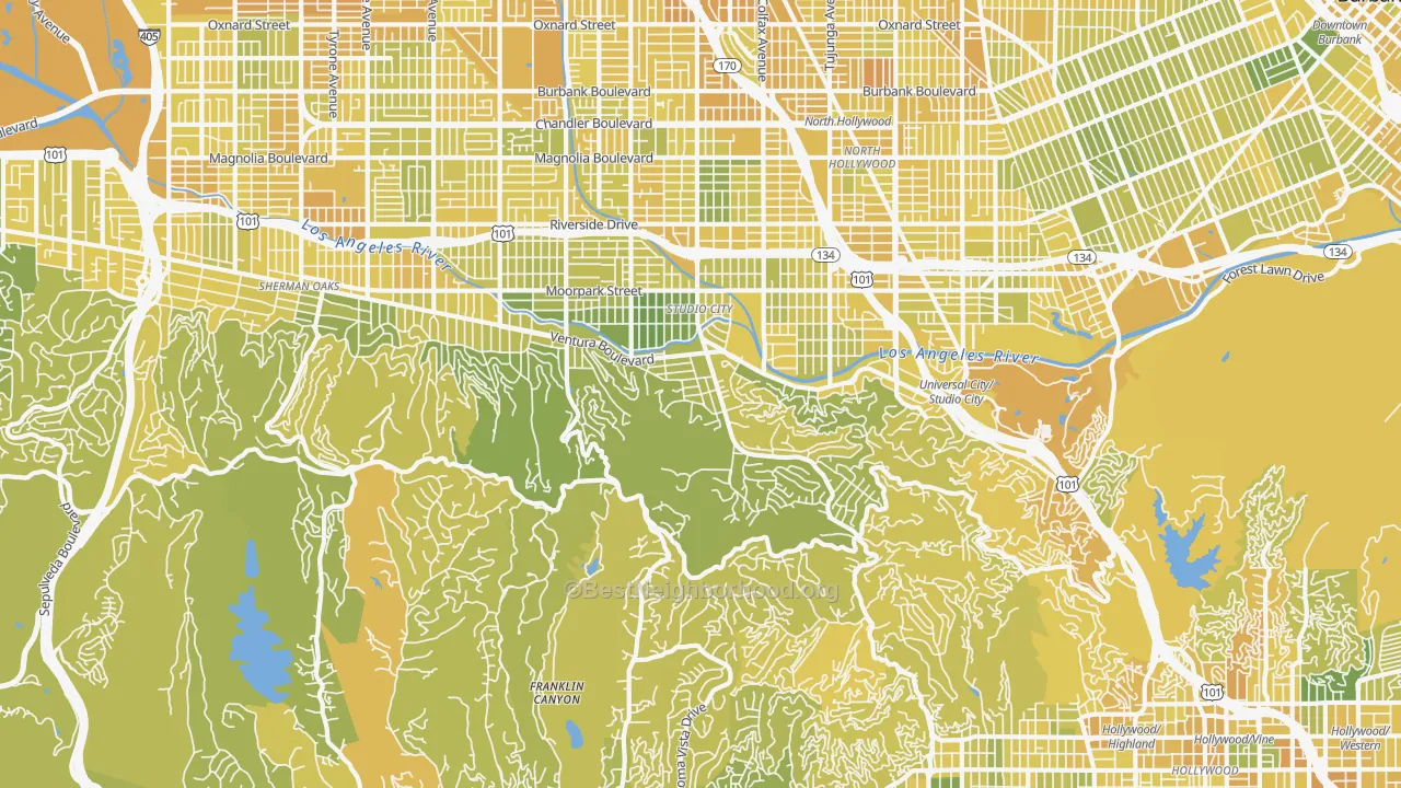 Map of the best neighborhoods in the Beverly Glen, Studio City area, with better matches in green and worse matches in red