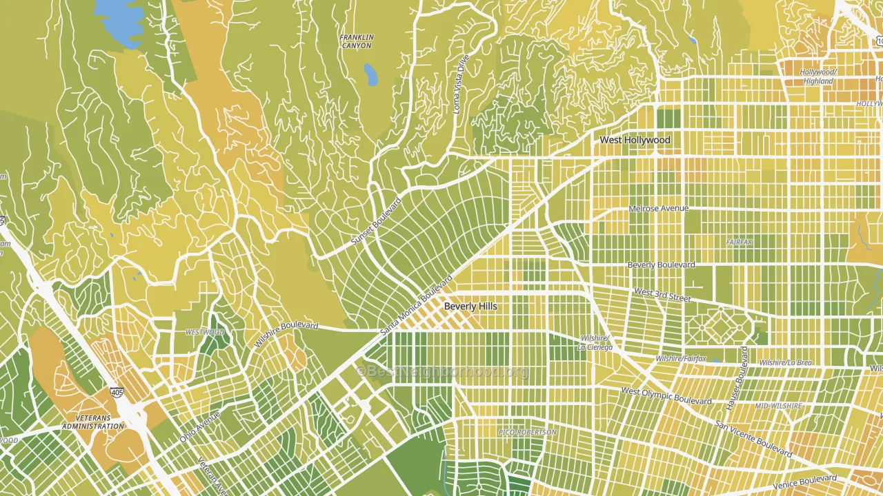 Map of the best neighborhoods in the Beverly Hills area, with better matches in green and worse matches in red