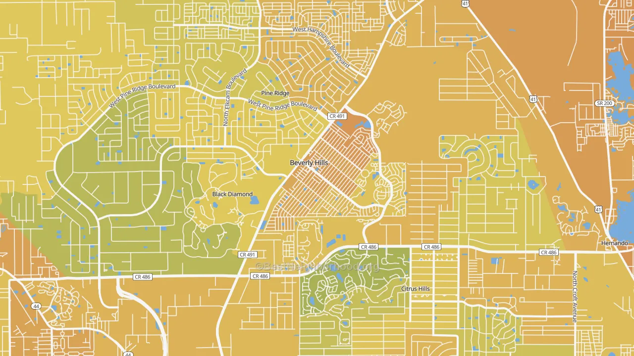 Map of the best neighborhoods in the Beverly Hills area, with better matches in green and worse matches in red