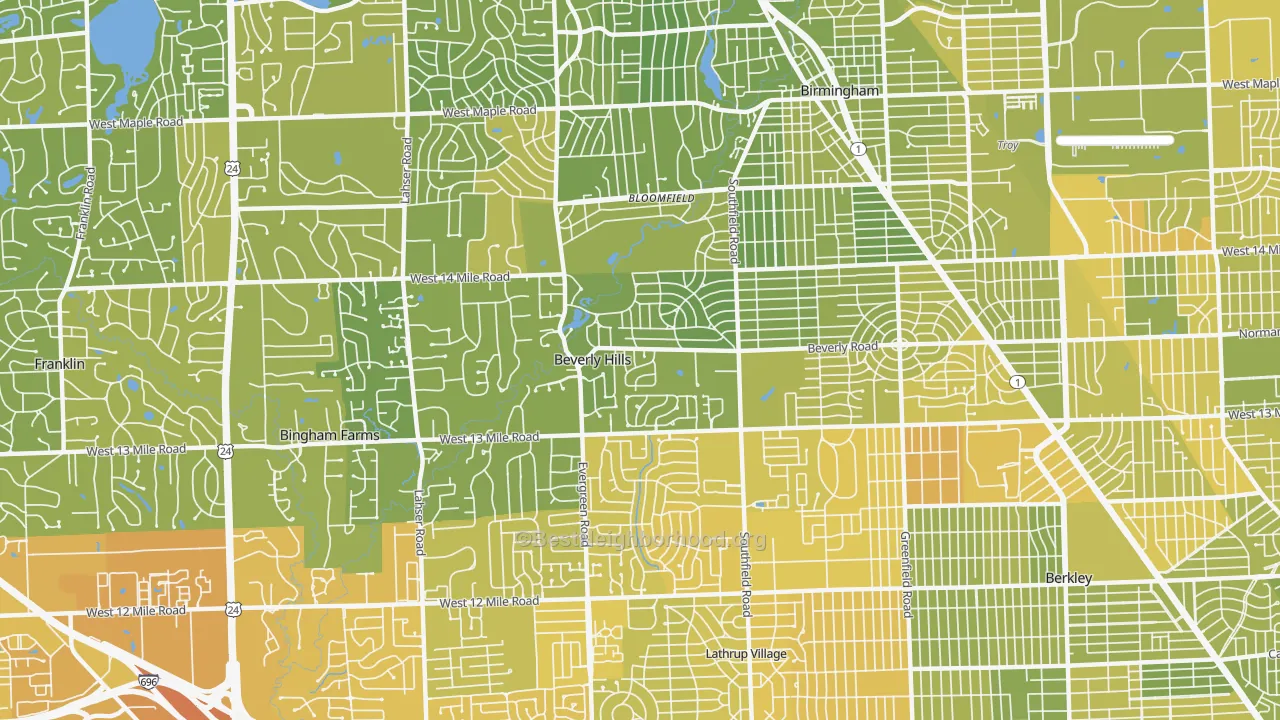 Map of the best neighborhoods in the Beverly Hills area, with better matches in green and worse matches in red