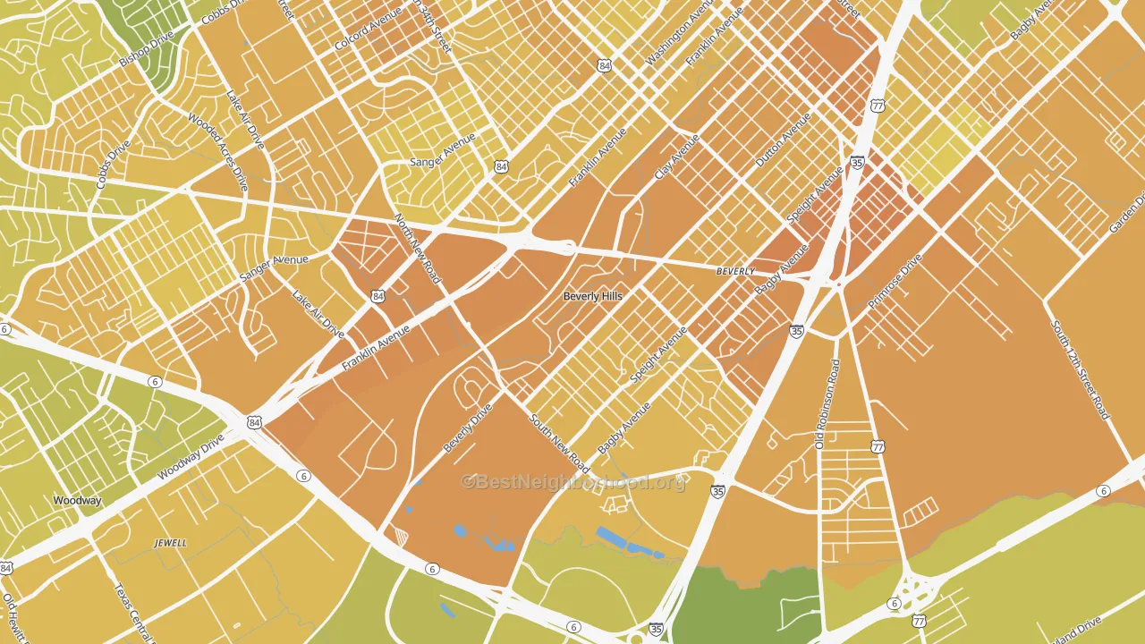 Map of the best neighborhoods in the Beverly Hills area, with better matches in green and worse matches in red